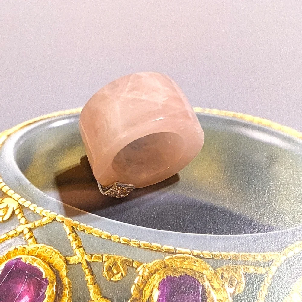 Vintage Myanmar Pink Jadeite Ring with CZ Accents - Picture 4 of 8